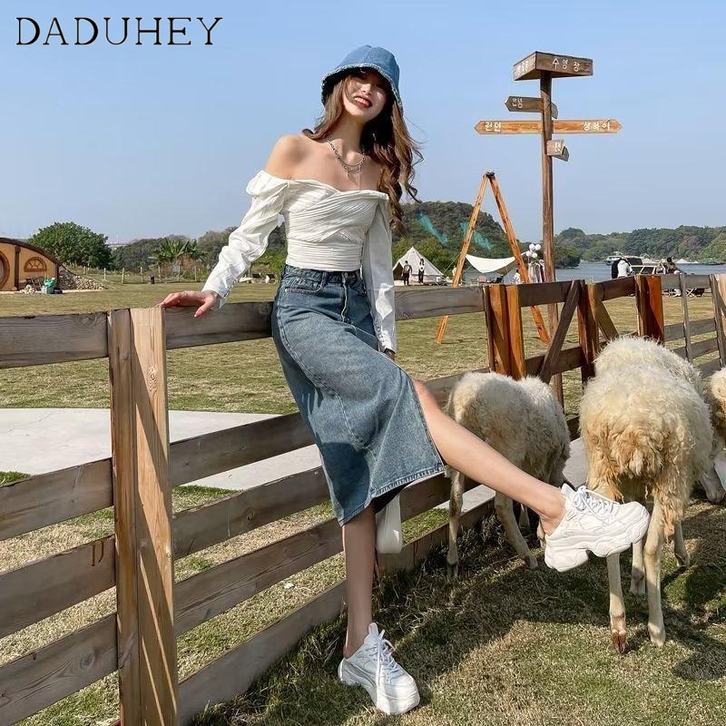 Chiết xuất denim DADUHEY ôm hông kiểu chữ A cạp cao xẻ tà vải giặt retri thời trang mới Hàn Quốc