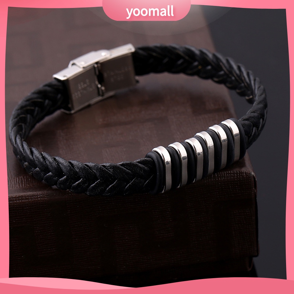 Vòng Tay Giả Da Với Mặt Thép Titan Phong Cách Punk Cho Nam