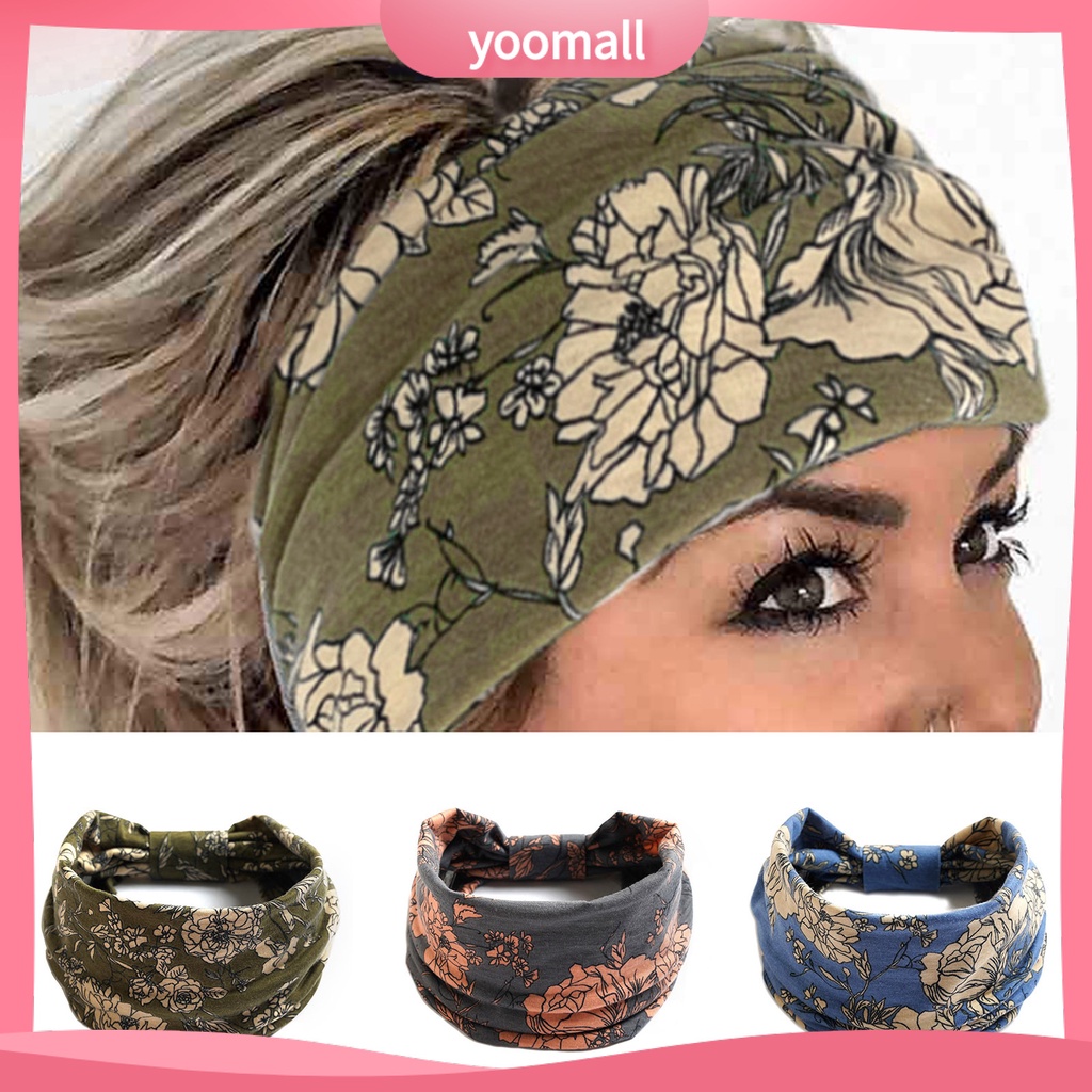 Băng Đô Cài Tóc Bản Rộng Chống Trượt Thấm Hút Mồ Hôi In Họa Tiết Hoa Phong Cách Bohemia Cho Nữ