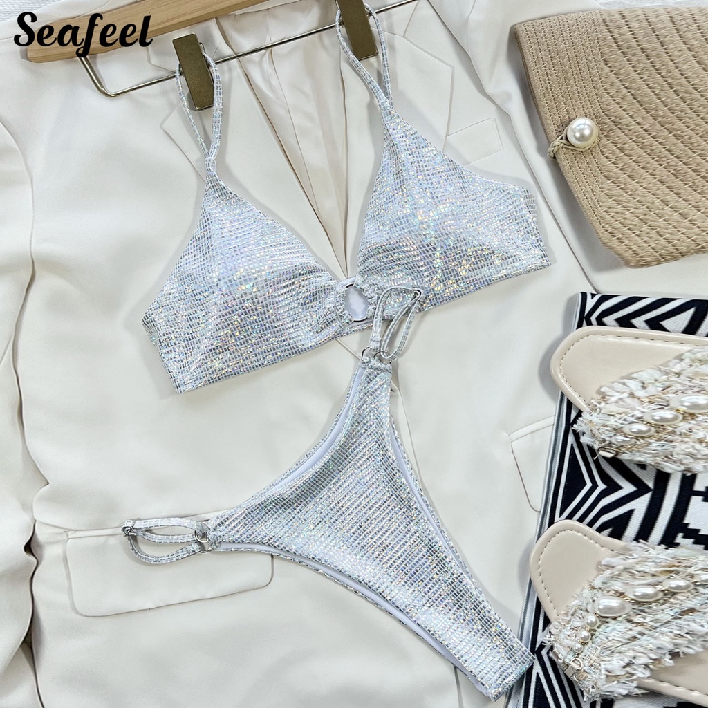 Bộ Bikini Hai Mảnh Có Dây Điều Chỉnh Màu Sắc Lấp Lánh Cho Nữ