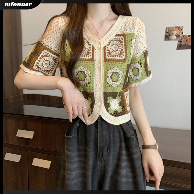 Áo Dệt Kim Tay Ngắn Màu Sắc Tương Phản Phong Cách Retro Dành Cho Nữ