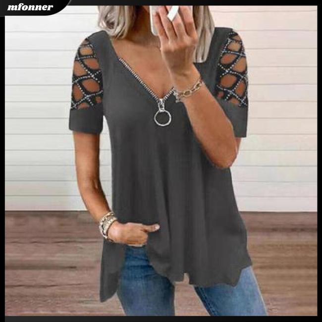 Áo Thun Tay Ngắn Cổ Chữ V Khoét Lỗ Màu Sắc Trơn Thời Trang Mùa Hè Cho Nữ