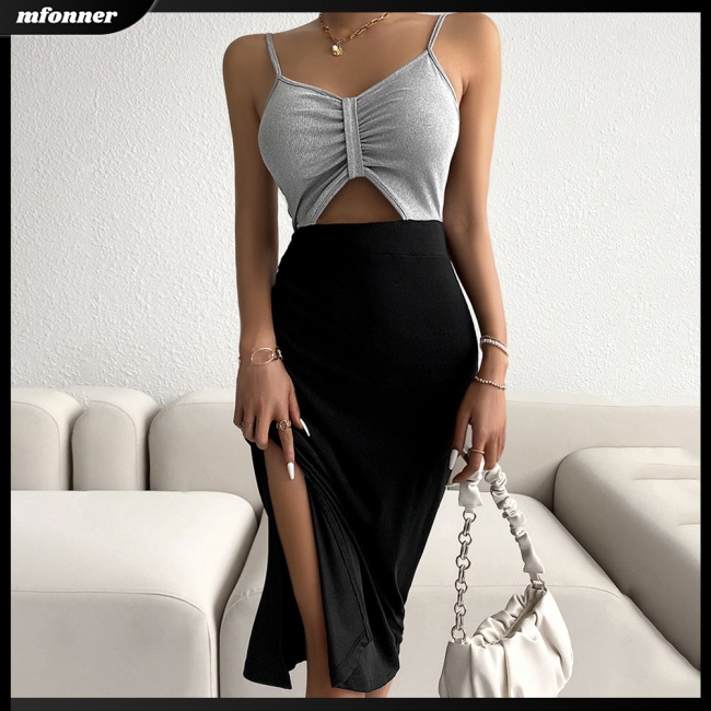 Đầm Lửng Không Tay Cổ Chữ V Lưng Cao Màu Sắc Tương Phản Thời Trang Mùa Hè Dành Cho Nữ