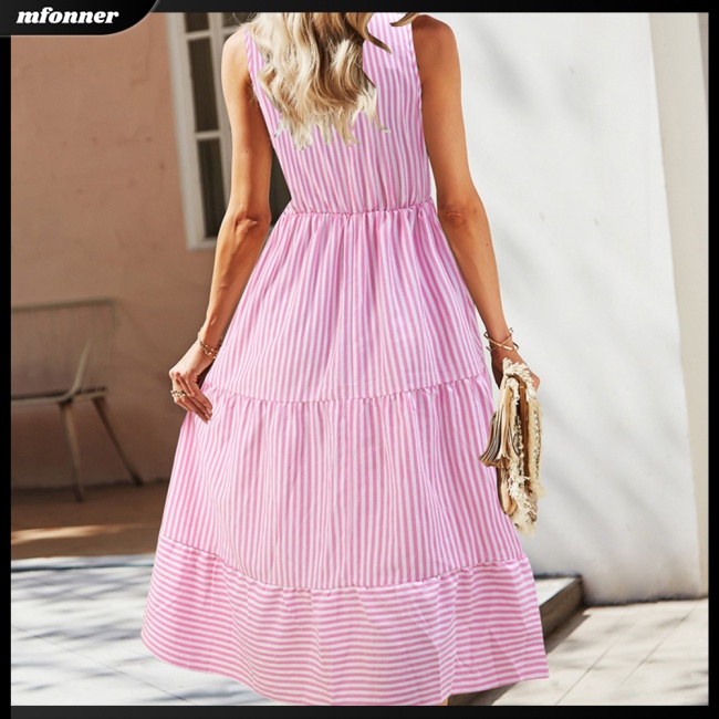 Đầm Lửng Không Tay Lưng Cao Họa Tiết Kẻ Sọc Thời Trang Mùa Hè Cho Nữ