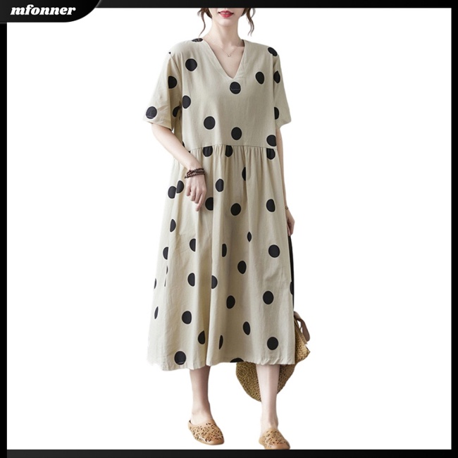 Đầm Cotton Lanh Cổ Chữ V Dáng Rộng Họa Tiết Chấm Bi Thời Trang Mùa Hè Cho Nữ