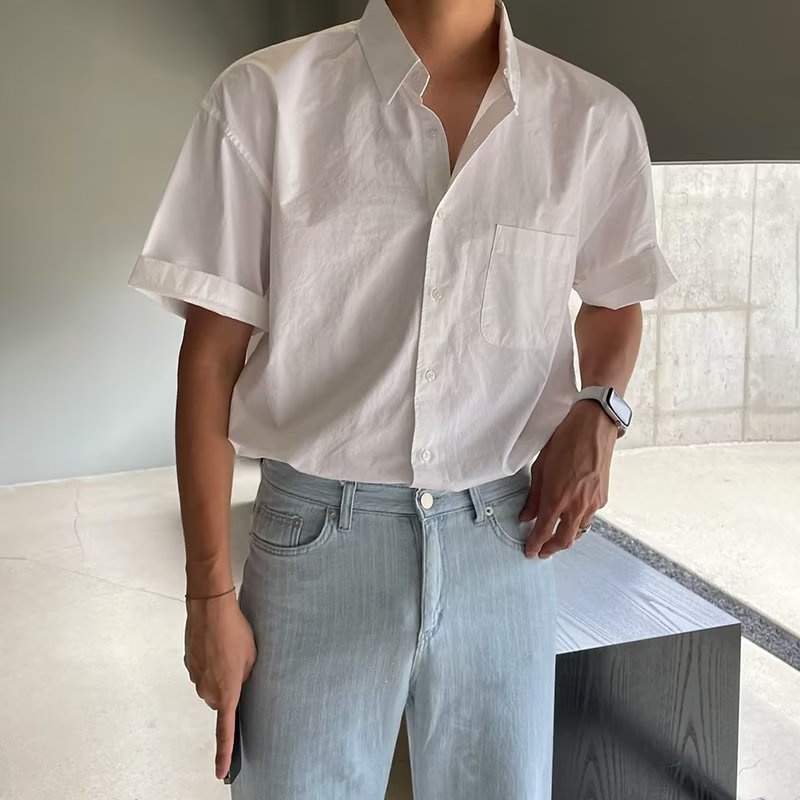Áo Sơ Mi Tay Lửng Dáng Rộng Thời Trang Mùa Hè Phong Cách Hàn Quốc Cho Nam