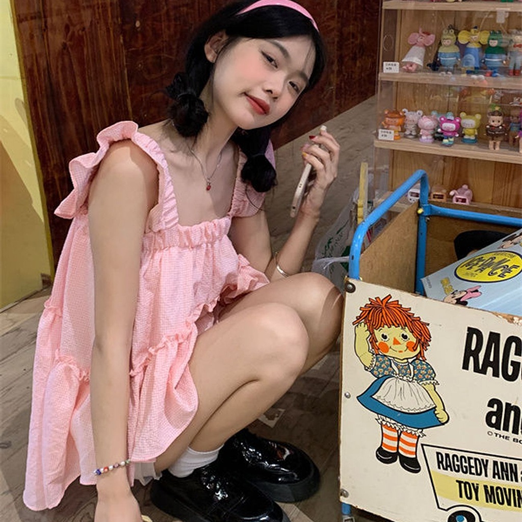 Áo hai dây IELGY dáng rộng màu hồng phong cách Hàn Quốc dễ thương cho nữ