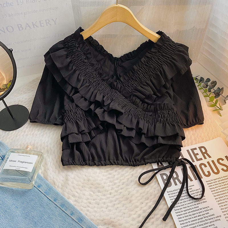 Áo Sơ Mi Ngắn Tay Cổ Chữ V Phối Bèo Thiết Kế Mới Thời Trang Mùa Hè Theo Phong Cách Hàn Quốc Cho Nữ