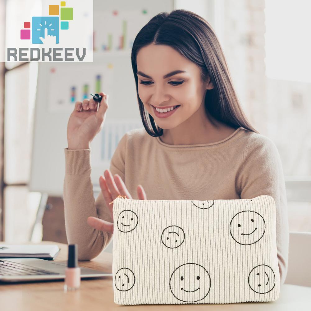 Túi Đựng Mỹ Phẩm Hai Mặt Bằng Vải Nhung Kẻ Dễ Thương Xinh Xắn