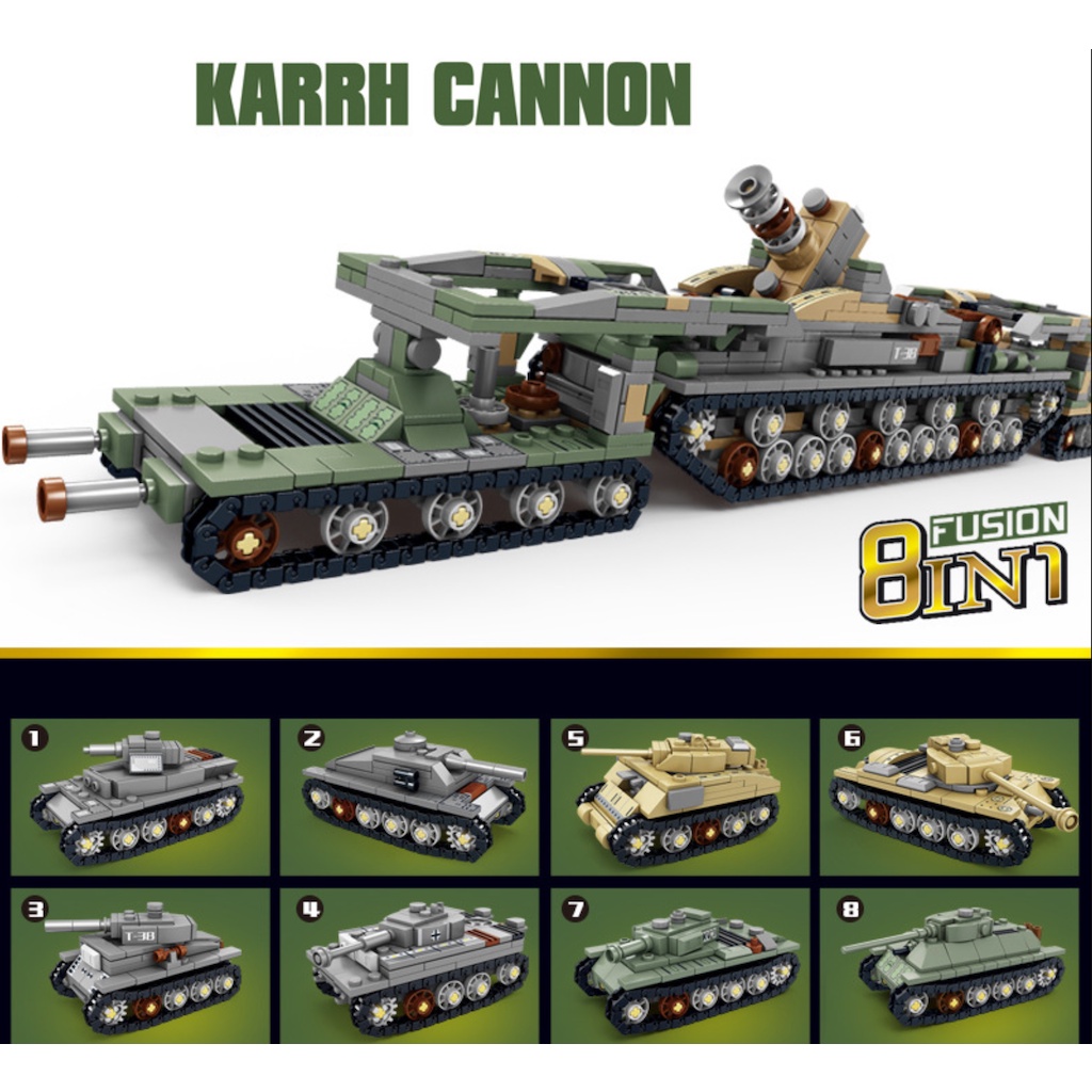 Set 1475 Mô Hình Xe Tăng MOC WW2 8 Trong 1 Karl Cannon T34 T38 Stug Tiger M4 Sherman M26 KV1 Mới