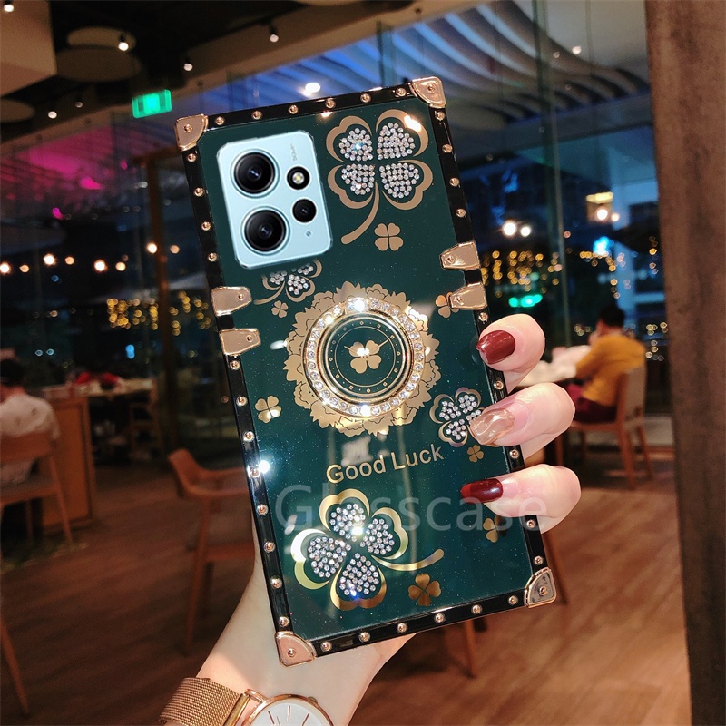 Ốp Điện Thoại Hình Cỏ Ba Lá Đính Đá Gắn Nhẫn Đỡ Cho Xiaomi Redmi Note 12 Pro 12Pro Note12 Note12Pro 4G 5G 2023