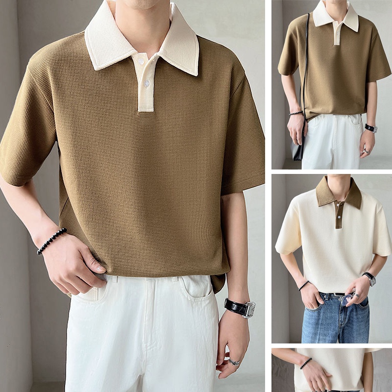 BEFOYI Men's Polo Shirt Waffle Summer Loose Casual Korean Button Collar Khaki Plus Size M-4XL