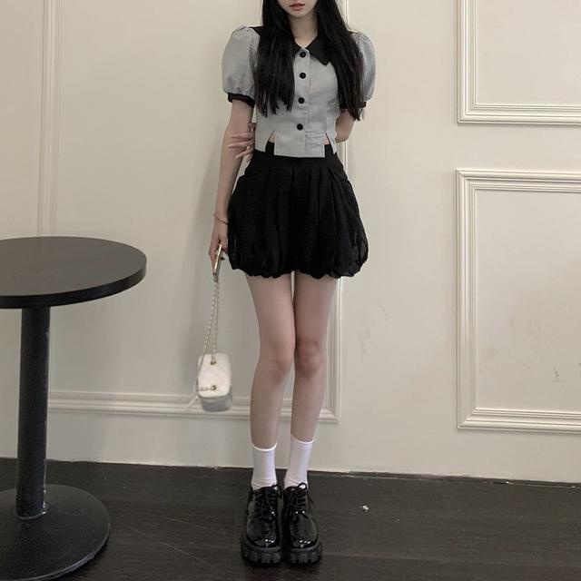 Set Áo Sơ Mi Tay Phồng Màu Tương Phản + Chân Váy Lưới Thời Trang Dành Cho Nữ