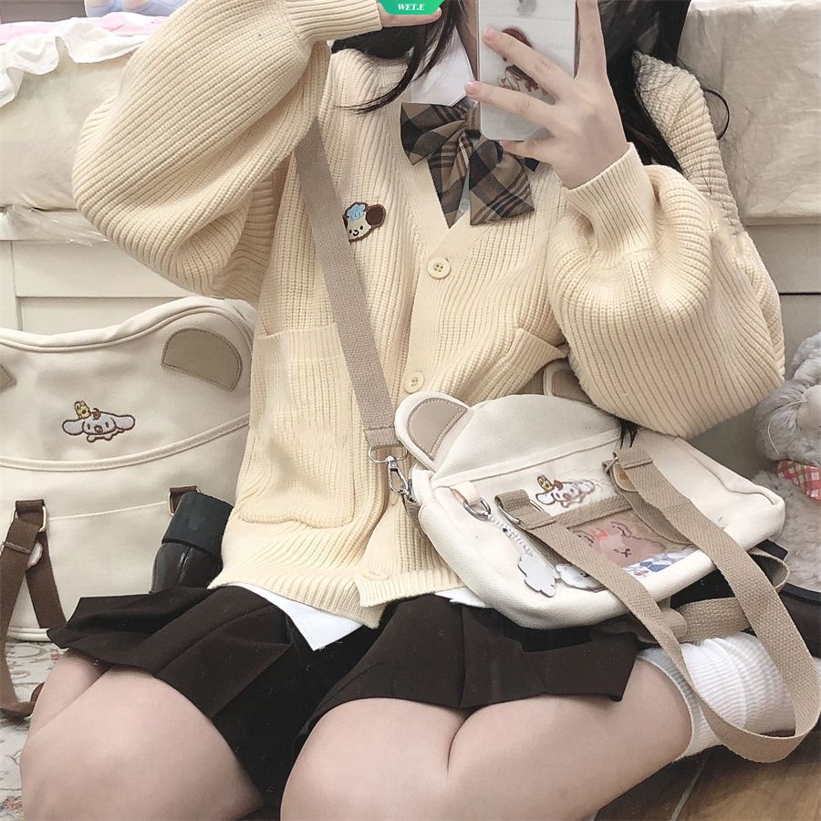 Áo Khoác Cardigan Dệt Kim Dáng Rộng In Hoạt Hình Cinnamoroll Kuromi PomPom Purin Ngọt Ngào Thời Trang Thu Đông Cho Nữ