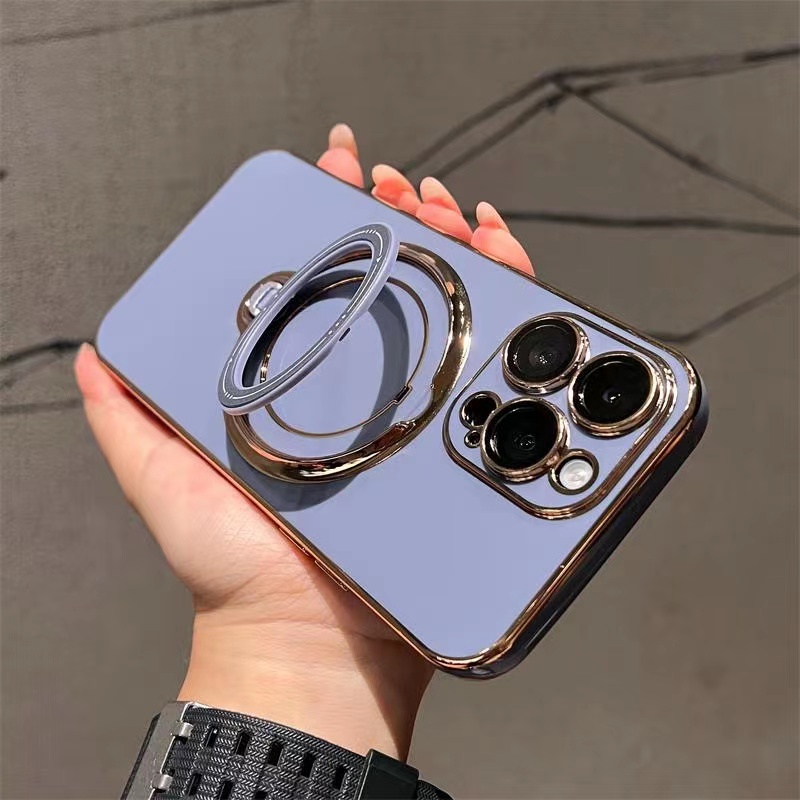 Bông Tai Mạ Sang Trọng Xoay 360 Độ° Ốp Điện Thoại Mềm Có Giá Đỡ Từ Tính Và Bảo Vệ Ống Kính Máy Ảnh Cho 11 12 13 14 Pro max 14plus