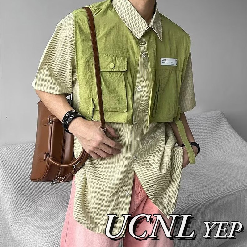 Áo Sơ Mi Giả Hai Lớp Tay Ngắn Dáng Rộng Họa Tiết Kẻ Sọc Mẫu Mới 2023 Thời Trang Cho Nam