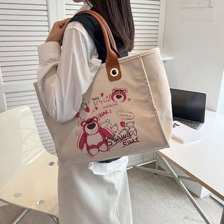 Túi xách canvas cỡ lớn họa tiết gấu dâu tây dễ thương cho nữ