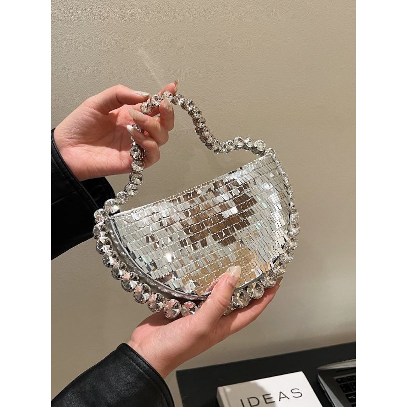 Túi Xách Cầm Tay Hình Bán Nguyệt Đính Đá Lấp Lánh Sang Trọng Dành Cho Nữ