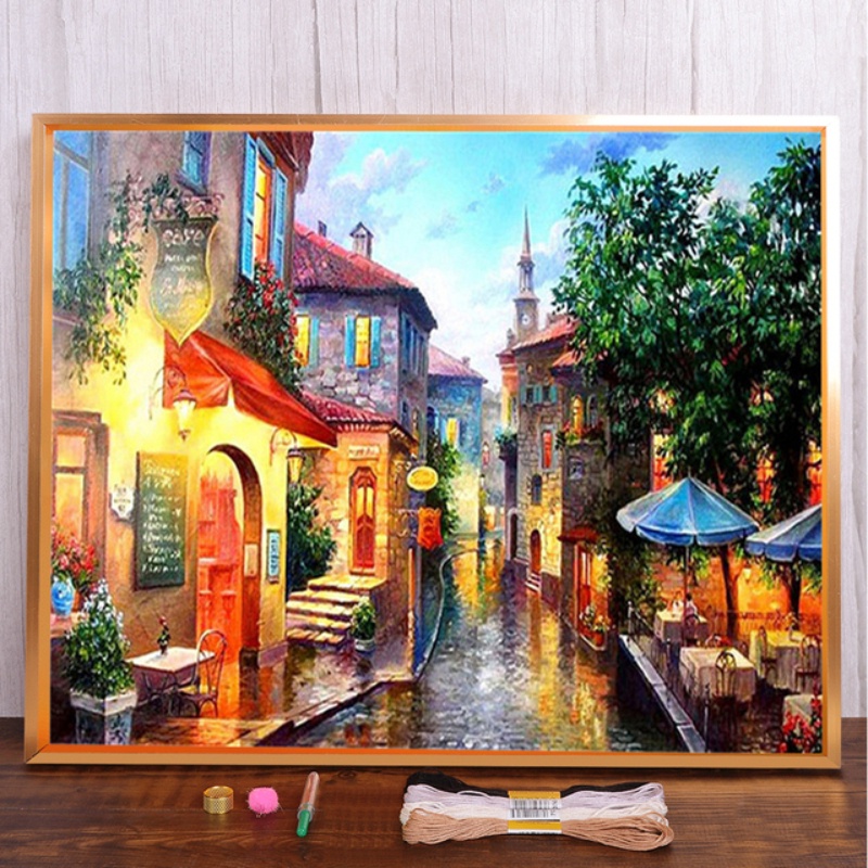 Bộ Tranh Thêu Chữ Thập Đính Đá DIY Hình Thị Trấn Biển Châu Âu