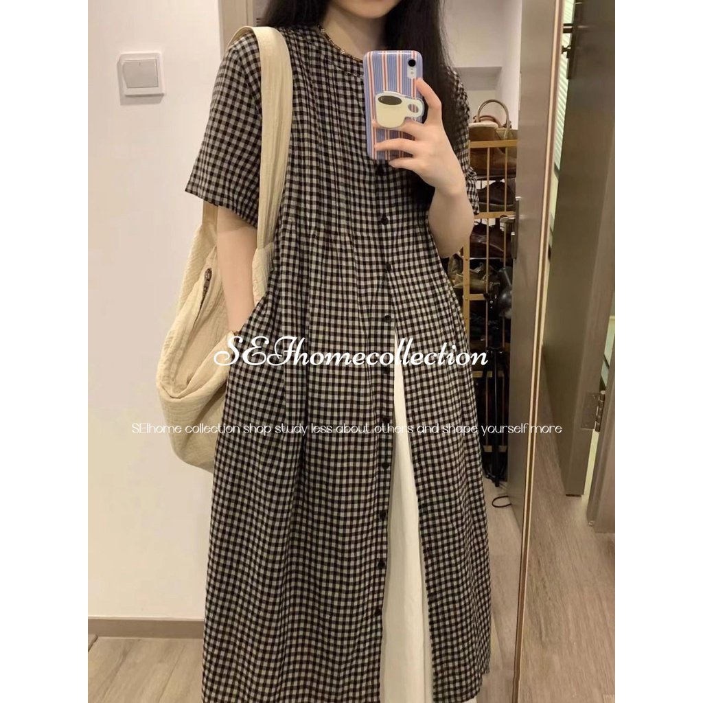 lazy style summer suit women's Japanese style design short sleeve plaid loose dress skirt two-piece set