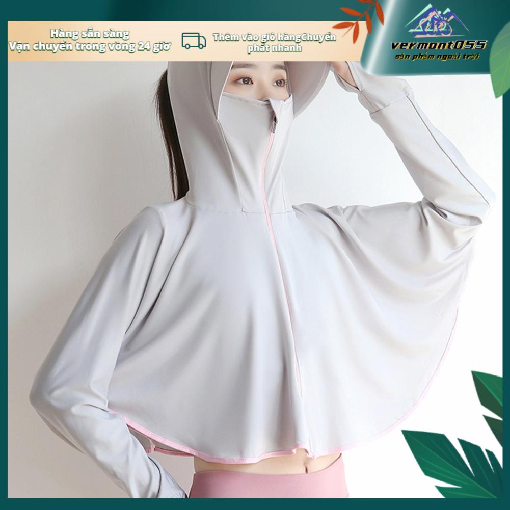 Vermont055 Áo khoác hoodie chống nắng Ice Silk dài tay có lỗ đeo khẩu trang sơ mi ngắn làm mát mũ trùm đầu ngoài trời dành cho phụ nữ vành