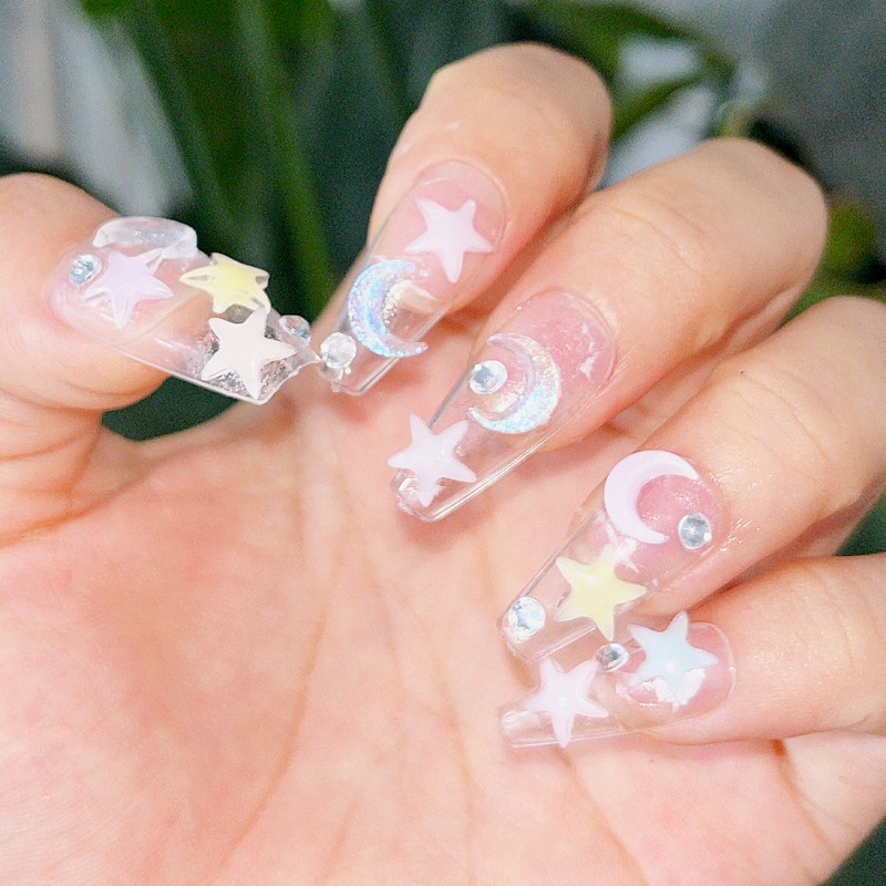 Set 10 / 50 Phụ Kiện Trang Trí Móng Tay Nghệ Thuật Hình Trăng Sao Nhiều Màu Sắc