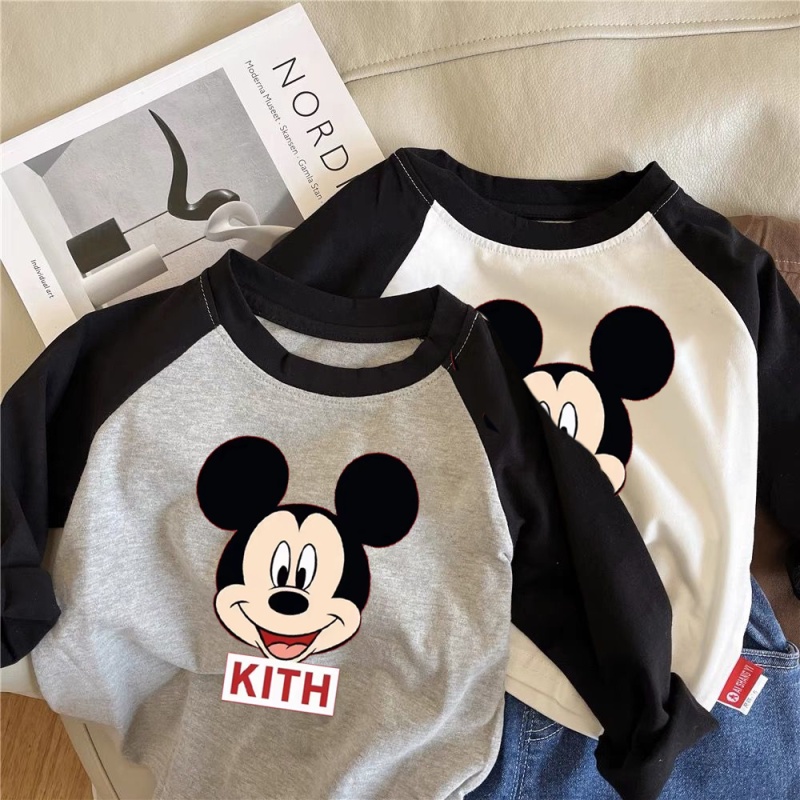 Áo phông cotton xịn  bông tinh khiết áo dài tay bé gái áo sơ mi hoạt hình in dài raglan tay áo trẻ em mặc