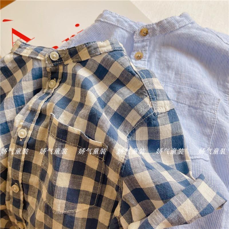 Áo Sơ Mi Cotton Ngắn Tay Cổ Đứng Họa Tiết Kẻ Sọc Thời Trang Mùa Hè Cho Bé