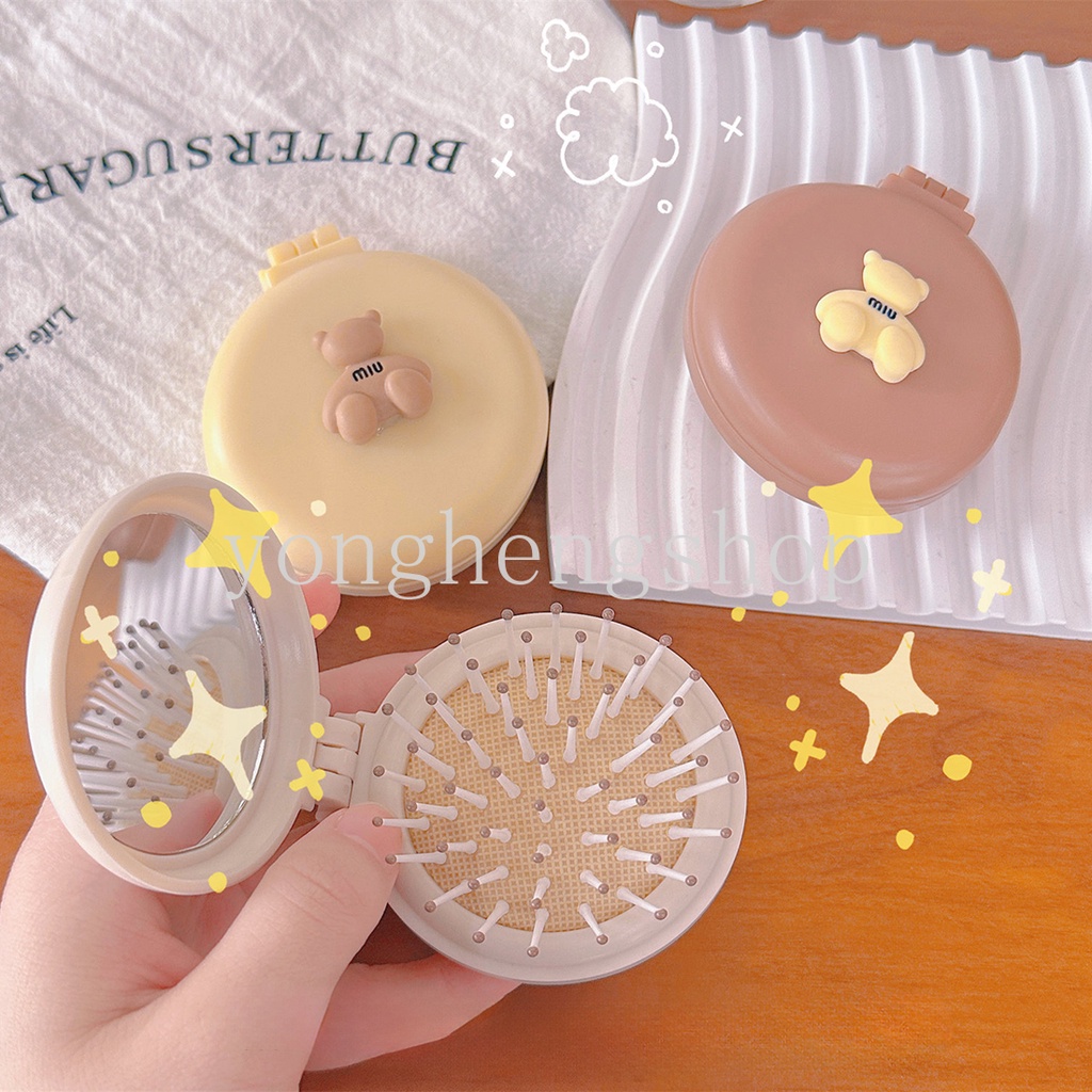 Lược Chải Tóc Mini Chống Tĩnh Điện Có Gương Soi Hình Gấu Hoạt Hình Dễ Thương Có Thể Gập Lại Cho Bé Gái