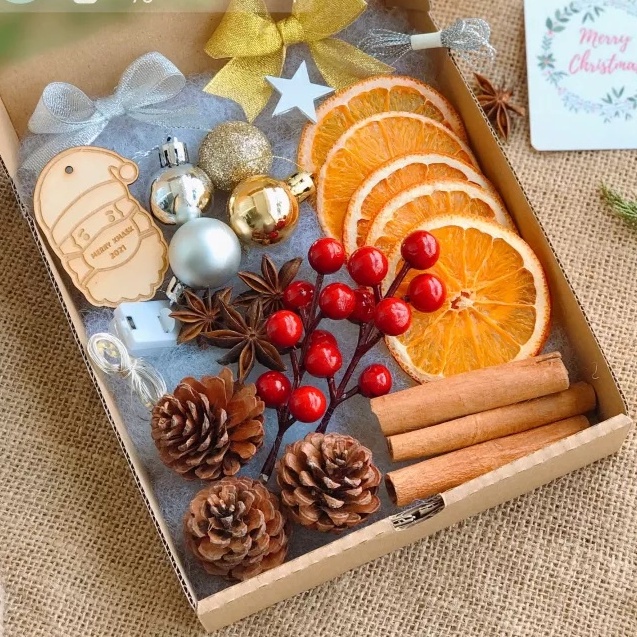 SET CAM SẤY KHÔ, THANH QUẾ, QUẢ THÔNG KHÔ, CHÙM ĐÀO ĐÔNG, HỘP QÙA, THẺ TAG, THỆP- TRANG TRÍ NOEL,GIÁNG SINH, ĐỒ HANDMADE
