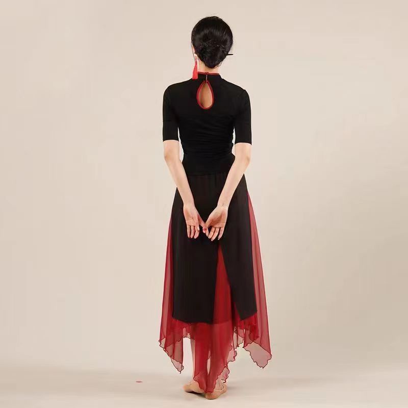 Áo Sườn Xám Ngắn Tay Màu Đen Phong Cách Trung Hoa Cổ Điển Cho Nữ Tập Múa