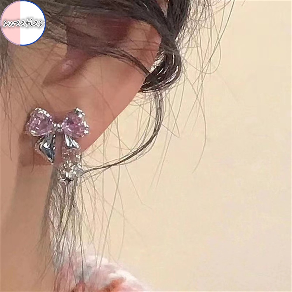 Bông Tai Mạ Bạc 925 Hình Nơ Đính Đá Sang Trọng Phong Cách Hàn Quốc