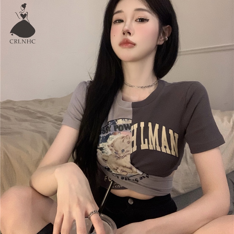 Áo thun croptop CRLNHC tay ngắn ôm dáng vừa vặn dây chéo in hình cổ điển gợi cảm kiểu mỹ cho nữ