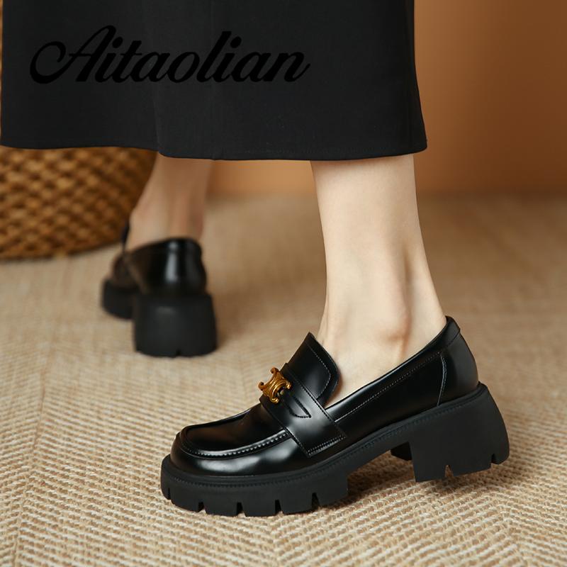 Giày Lười Da Bóng Đế Bằng 6cm Mũi Tròn Thời Trang Retro Anh Quốc Cho Nữ