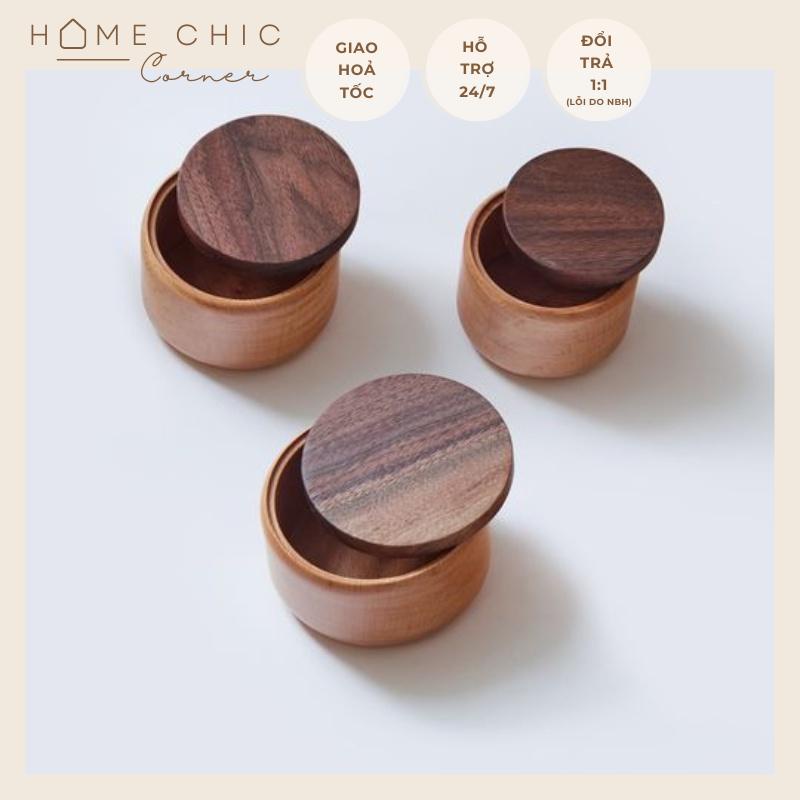 Hũ gỗ có nắp hũ gia vị hộp gỗ hũ mứt chất liệu gỗ tần bì kết hợp gỗ óc chó dùng để decor đựng đồ | HOME CHIC CORNER