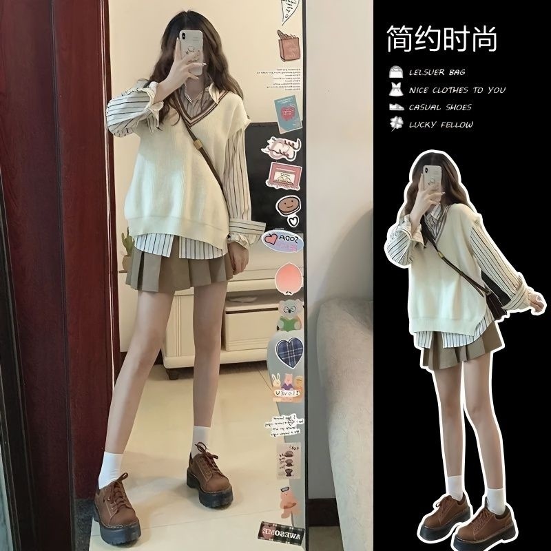 𝑨𝒏𝒏𝒂𝒔𝒉𝒐𝒑 Set 3 Món Gồm Áo Sơ Mi Mix Áo Len Dệt Kim Cùng Chân Váy Xếp Ly Phong Cách Nữ Sinh