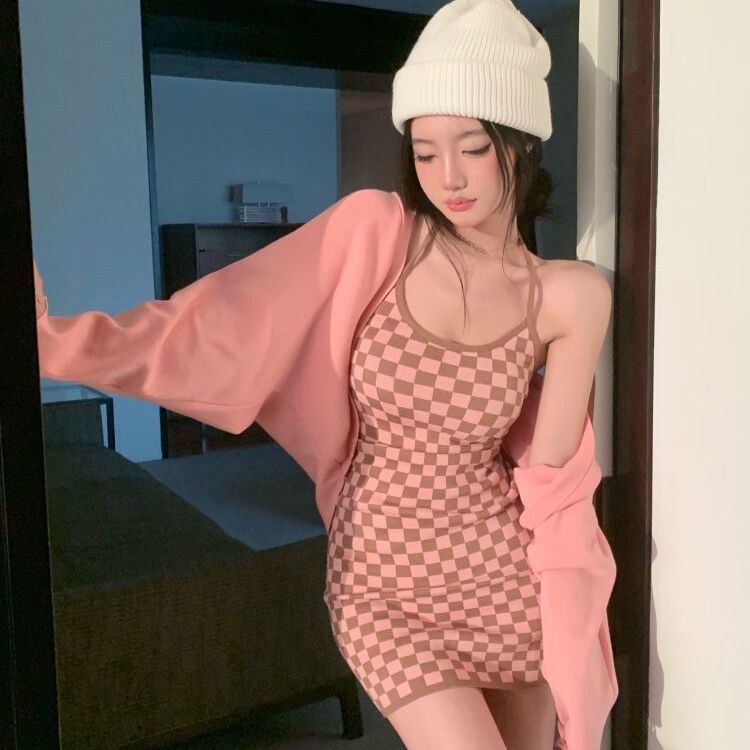 Áo Khoác Cardigan Dệt Kim Dáng Ôm Họa Tiết Kẻ Ô Gợi Cảm Cho Nữ