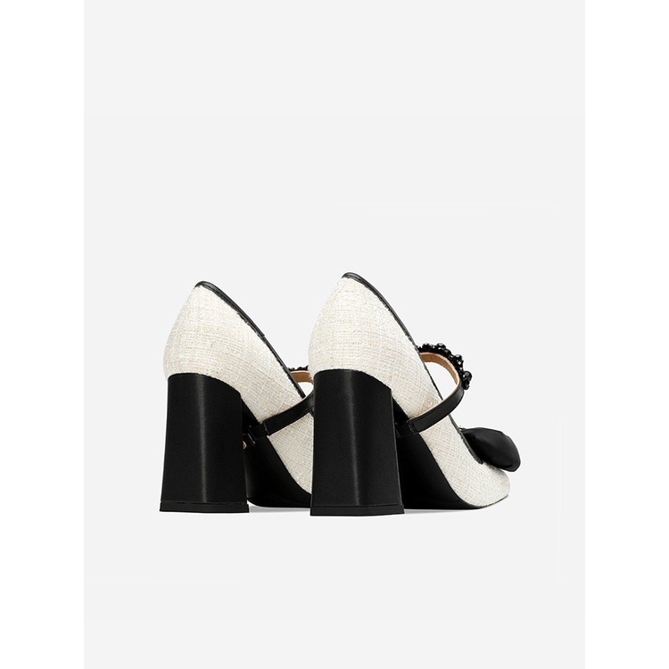 Giày Cao Gót Da PU Miệng Nông Đính Nơ Dễ Thương Cho Nữ