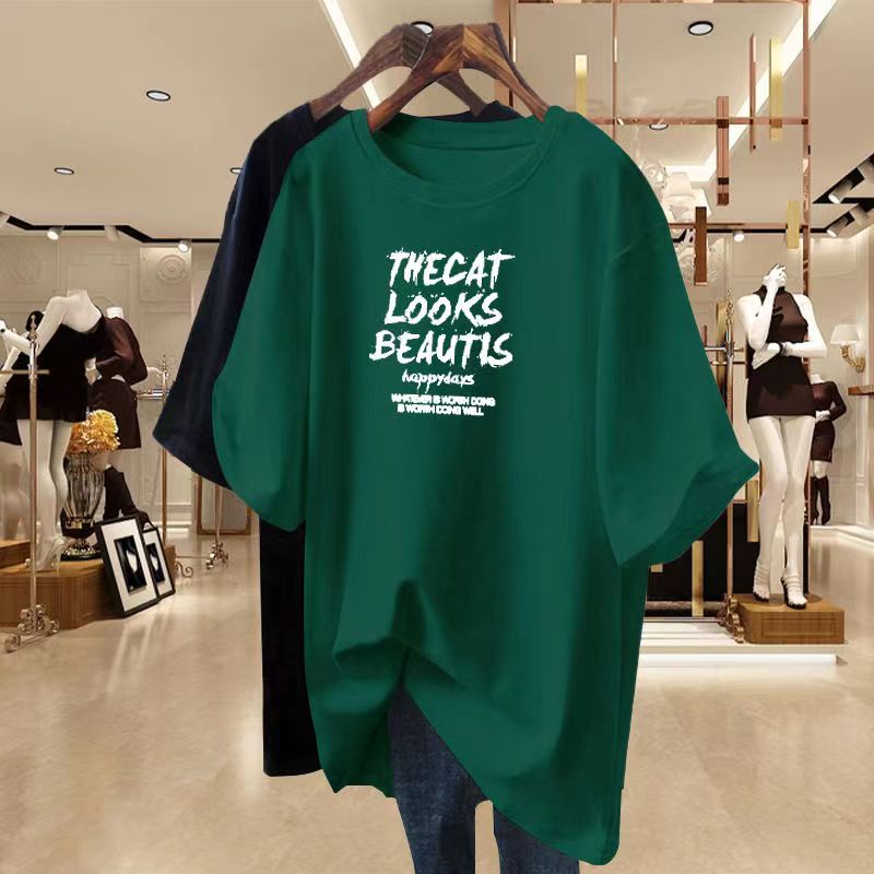 Áo Thun cotton Màu Xanh Lá Huỳnh Quang Tay Lửng Dáng Rộng In Chữ Phong Cách Âu Mỹ Cho Nữ