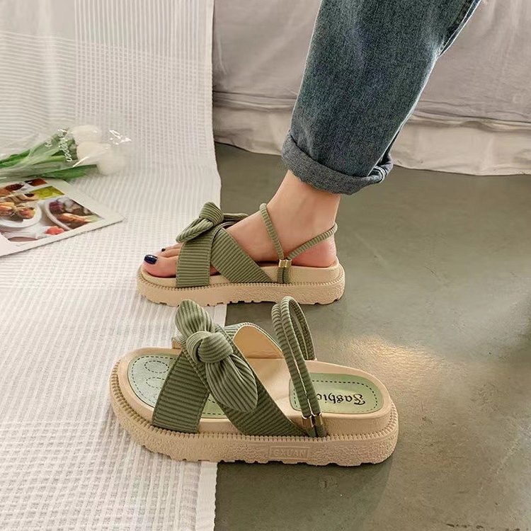 Giày Sandal Đế Dày Hở Mũi Đính Nơ Thời Trang Đi Biển Cho Nữ