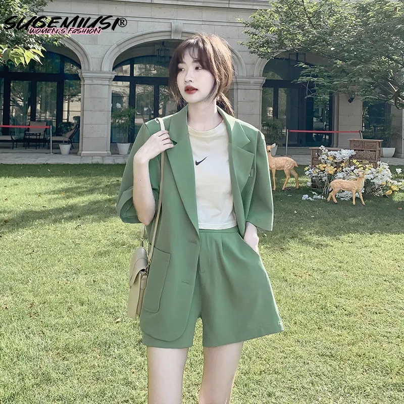 Sugemiusi Bộ Áo Khoác Vest + Quần Short Mỏng Thời Trang Mùa Hè Hàn Quốc Cho Nữ