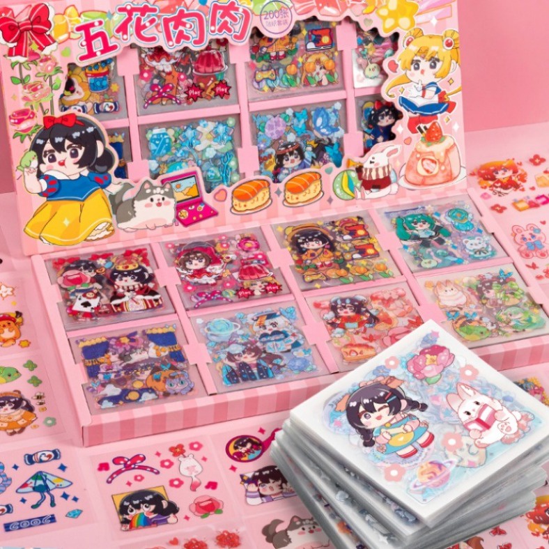 : 24h ship : không thấm nước diy cute sticker cartoon journal stickers 200 cái / hộp pet văn phòng phẩm trang trí tài khoản tay nhãn điện thoại sáng tạo chai nước sticker