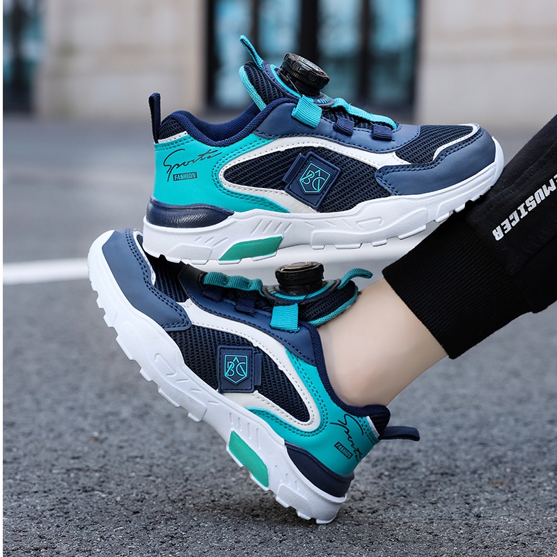 New boys sneakers mesh thoáng khí trẻ em ngoài trời giày thể thao thời trang nút xoay trẻ em giày đi bộ nhẹ