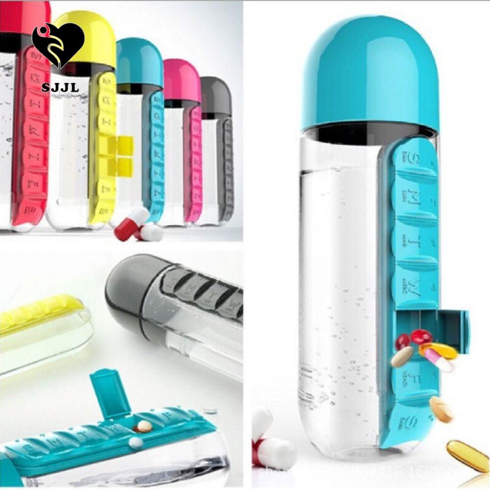 Bình nước thể thao SJJL 600ml có 7 ngăn đựng thuốc 2 trong 1 chống rò rỉ nhỏ gọn ngoài trời