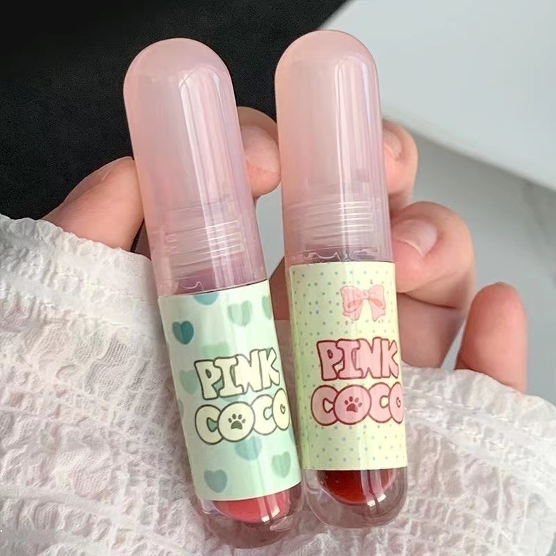 Pinkcoco son bóng dễ thương ống tròn nhỏ mờ chống nước không dễ phai màu son môi dễ thương tự nhiên lâu trôi