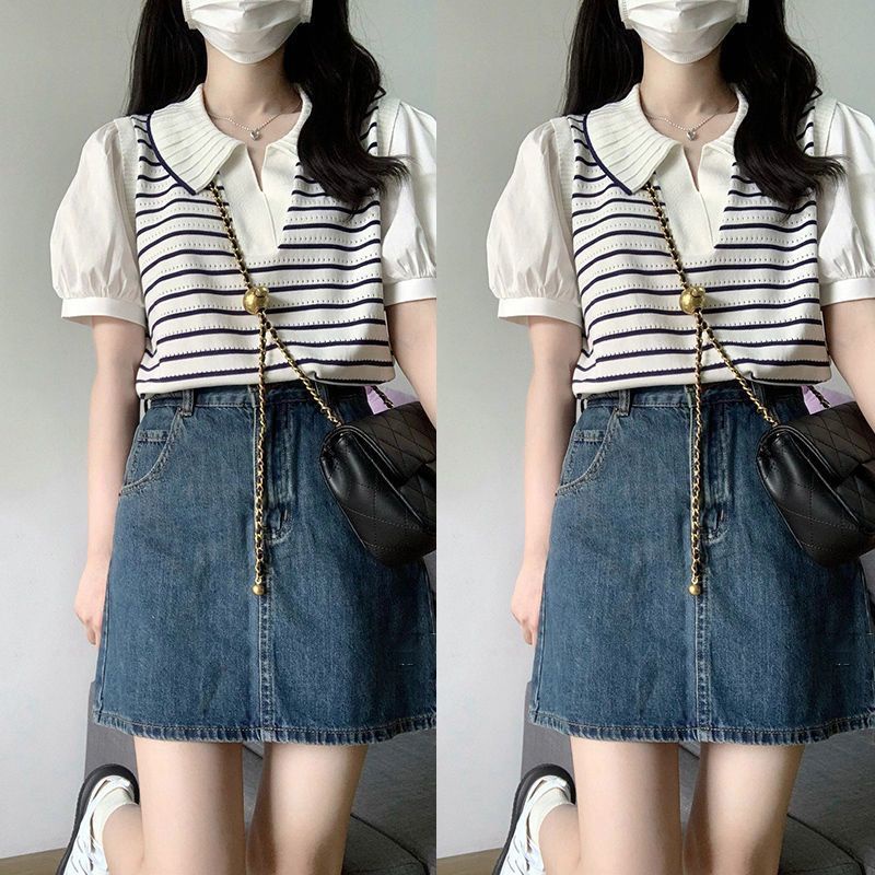 Áo Thun polo Ngắn Tay Giả Hai Lớp Họa Tiết Sọc Ngang Thời Trang Dành Cho Nữ