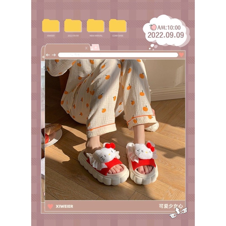 Sanrio Kulomi Linen Dép đi trong nhà của phụ nữ Mềm mại dày Đáy không trơn trượt Phim hoạt hình dễ thương Dép đi trong nhà dành cho phụ nữ