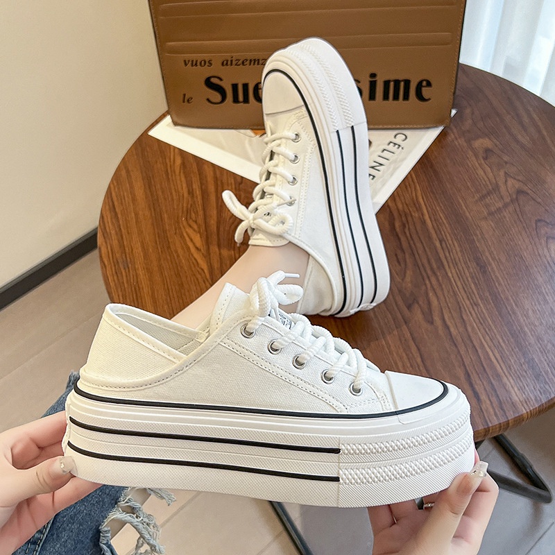 Giày Thể Thao Vải Canvas Nữ Hai Cách Đeo Đáy Dày Mũi Tròn Cột Dây Thoải Mái Phong Cách Hàn Quốc Thời Trang