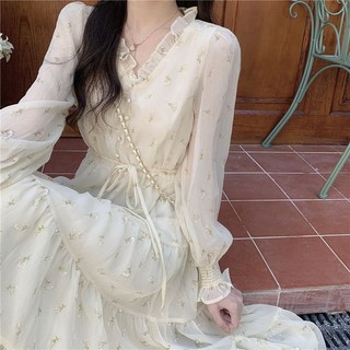 Đầm chiffon Dài Tay In Hoa Thời Trang Mùa Hè 2023 Phong Cách Pháp Cho Nữ