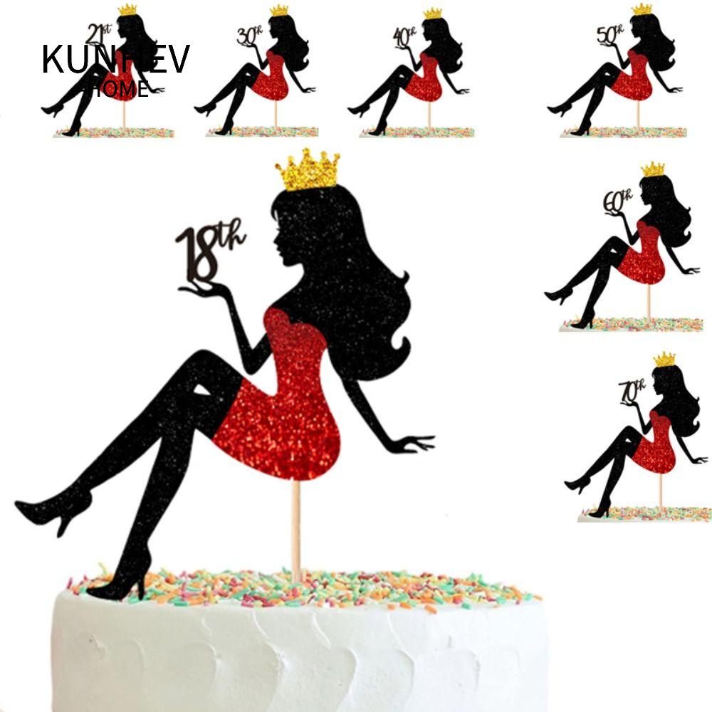 KUNHEV 5 cái trang trí bánh, giấy lấp lánh từ 18 đến 90 giày cao gót cô gái mặt trên bánh, sinh nhật khá hạnh phúc chủ đề nữ hoàng phụ nữ bánh sinh nhật nguồn cung cấp bánh sinh nhật tiệc sinh nhật